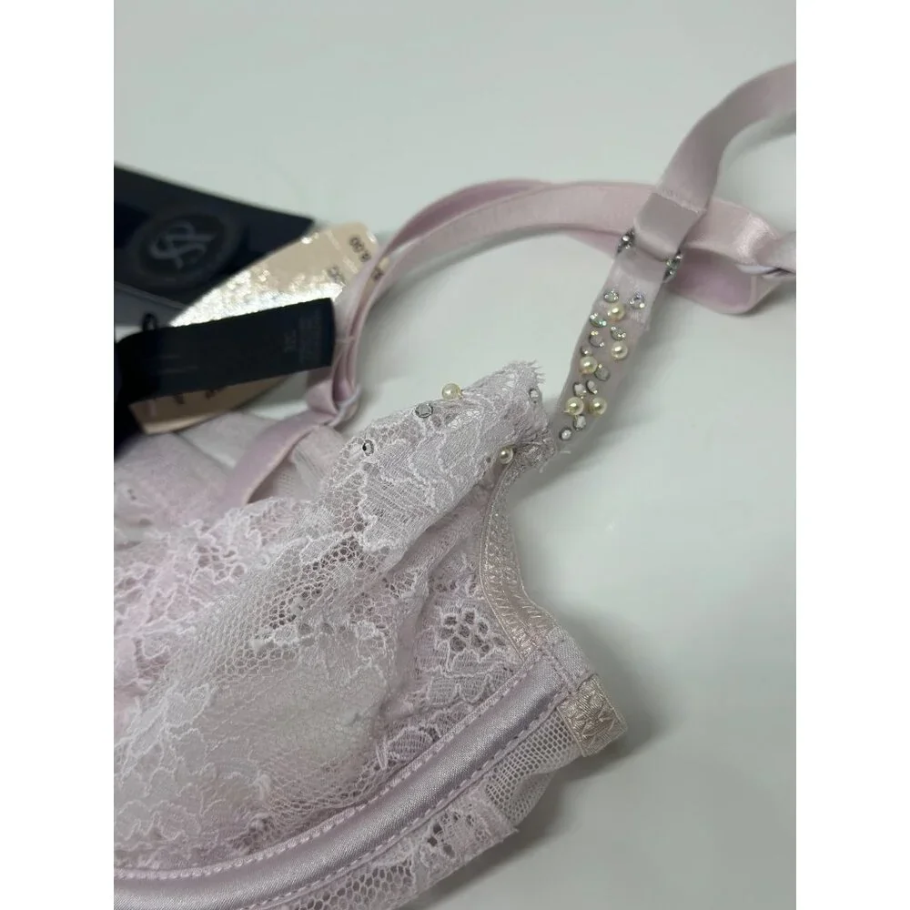 VTG Victoria's Secret Sheer Lace Bra Lavender Pearl Rhinestone‎ 32C Women